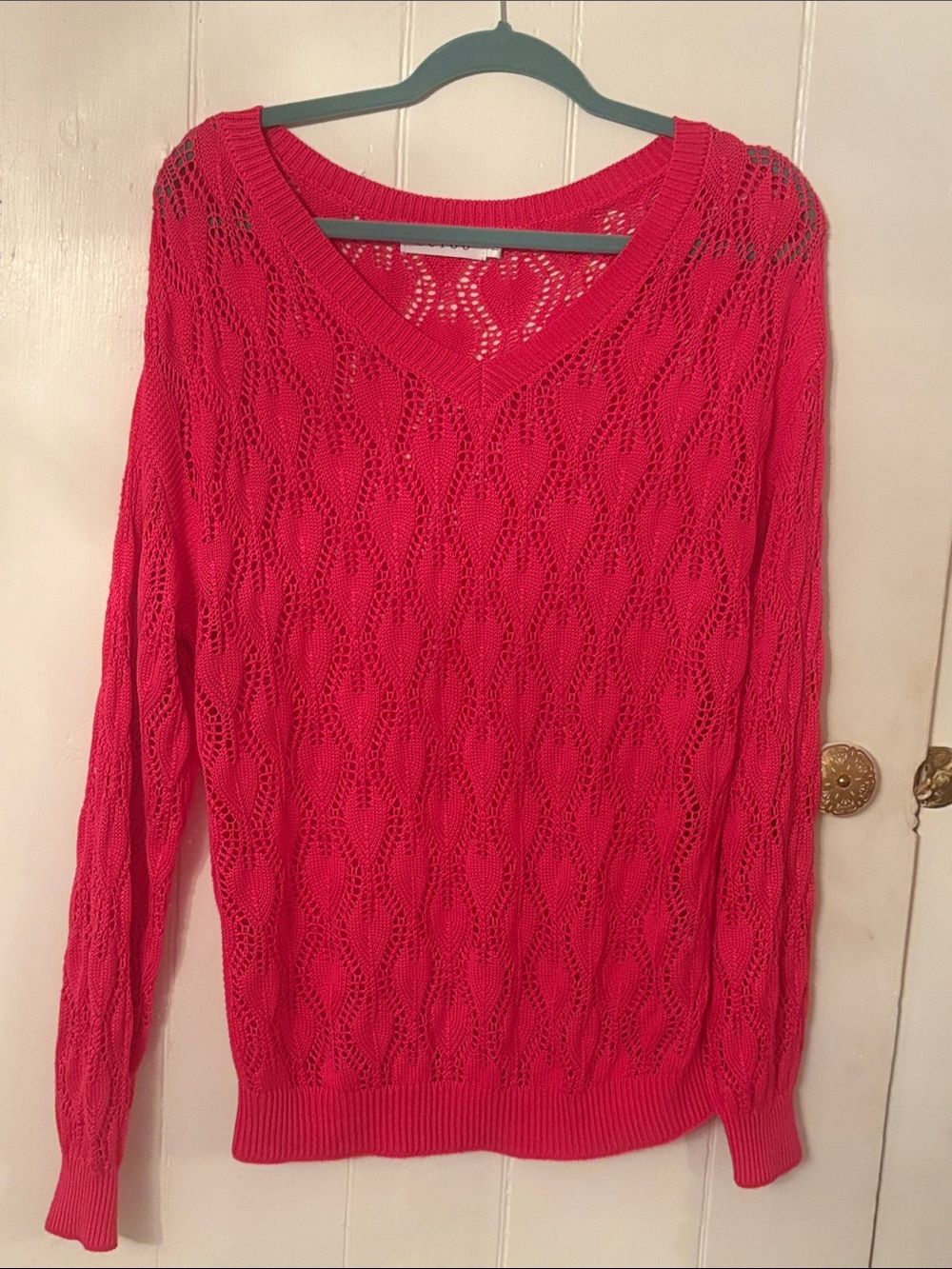 CCTOO Open-Knit V-Neck Sweater in Bright Pink NWOT Large